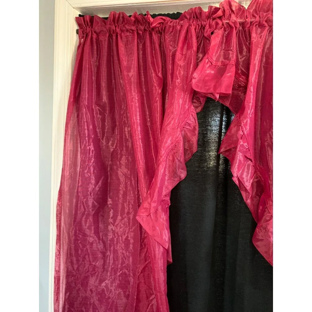 Vintage Red Ruffled Sheer Curtain Panels Rod Pocket Top 42